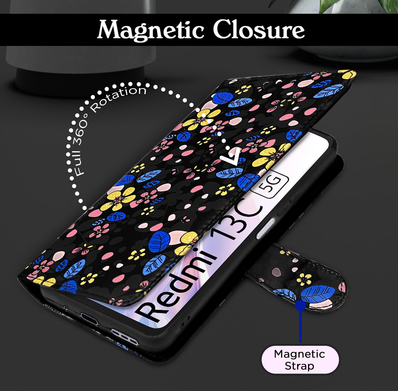 Pikkme black flower mobile flip cover for Redmi 13C 5G – photo 6