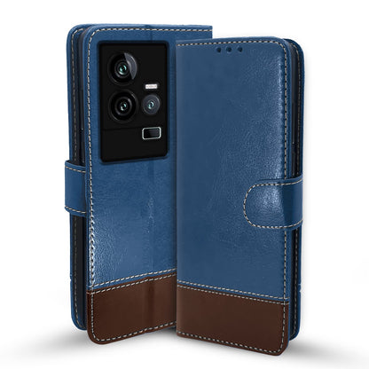 iQOO 11 5G wallet flip cover in blue & brown by Pikkme