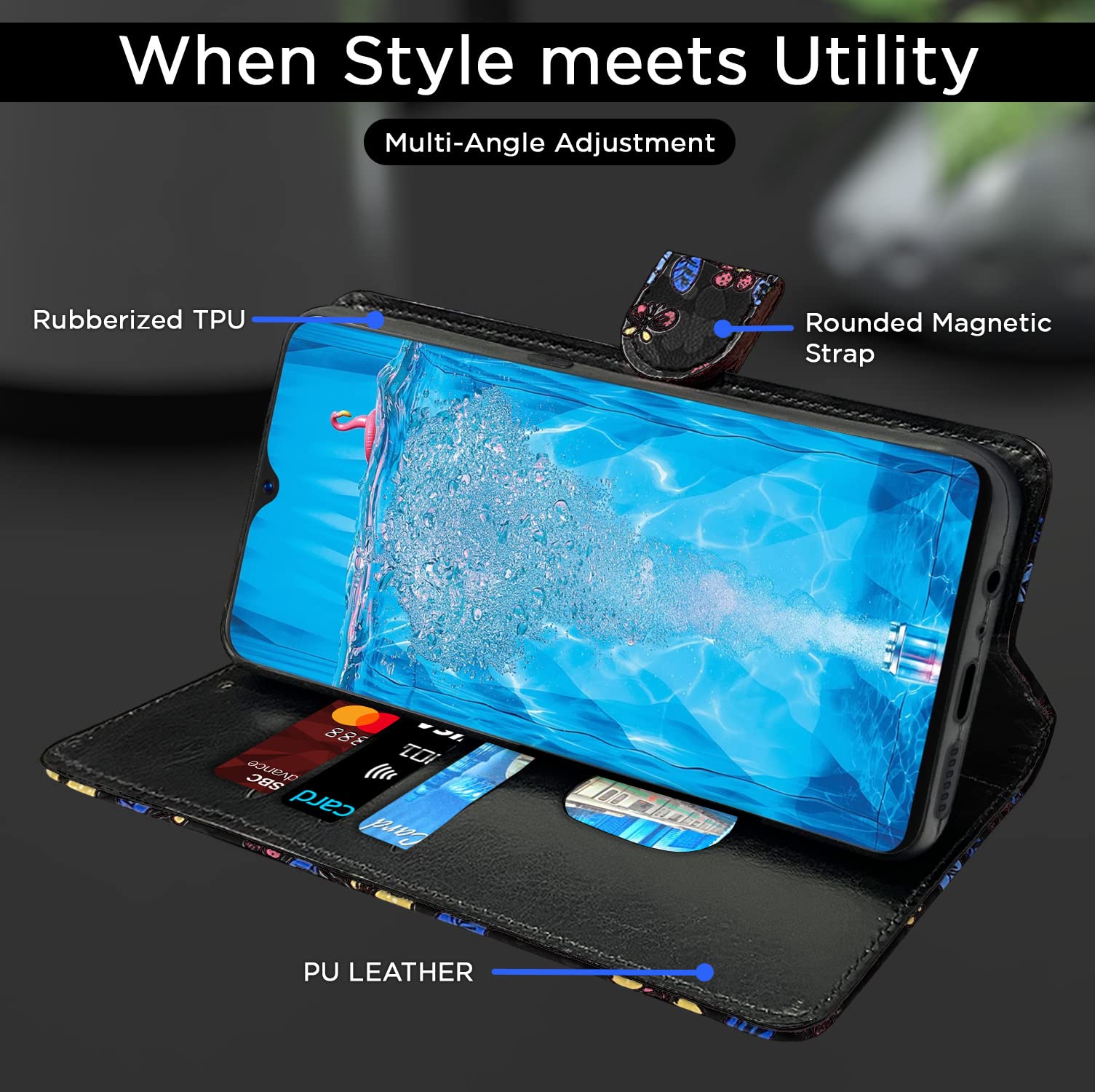 Pikkme black flower Wallet flip case for Oppo F9/F9 Pro, Realme 2/2 Pro/U1 – photo 4