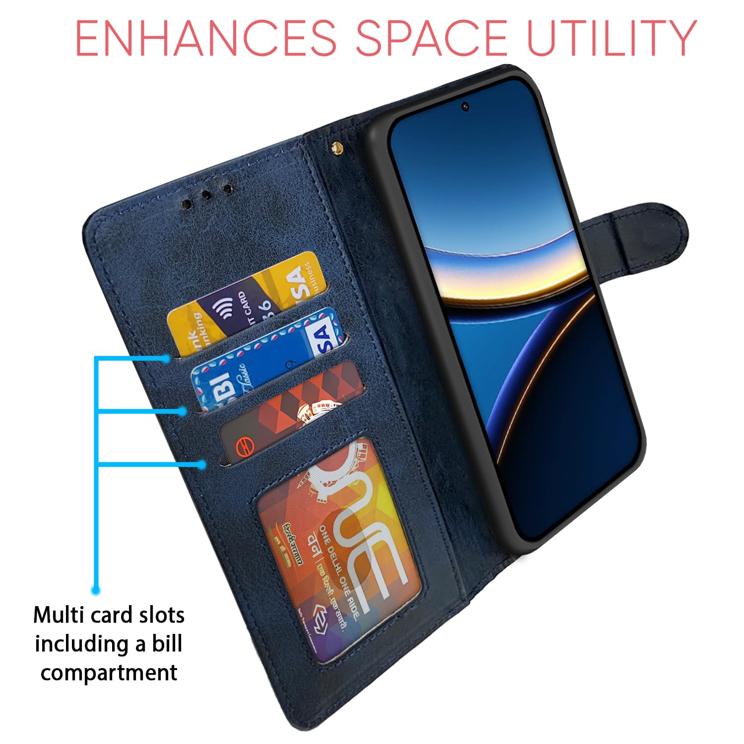 Pikkme Poco F7 Pro 5G Dual-Tone PU Leather Finish Magnetic Flip Cover (Navy Blue)