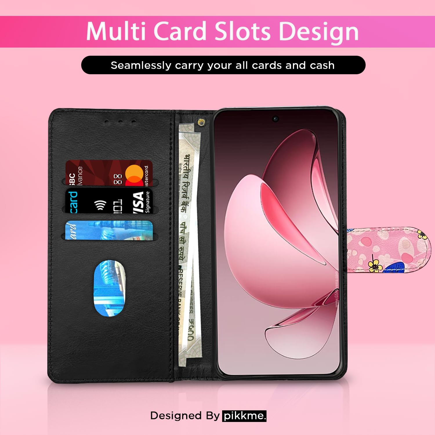 Oppo Reno 13 Pro 5G Wallet mobile flip cover in pink flower by Pikkme – photo 2