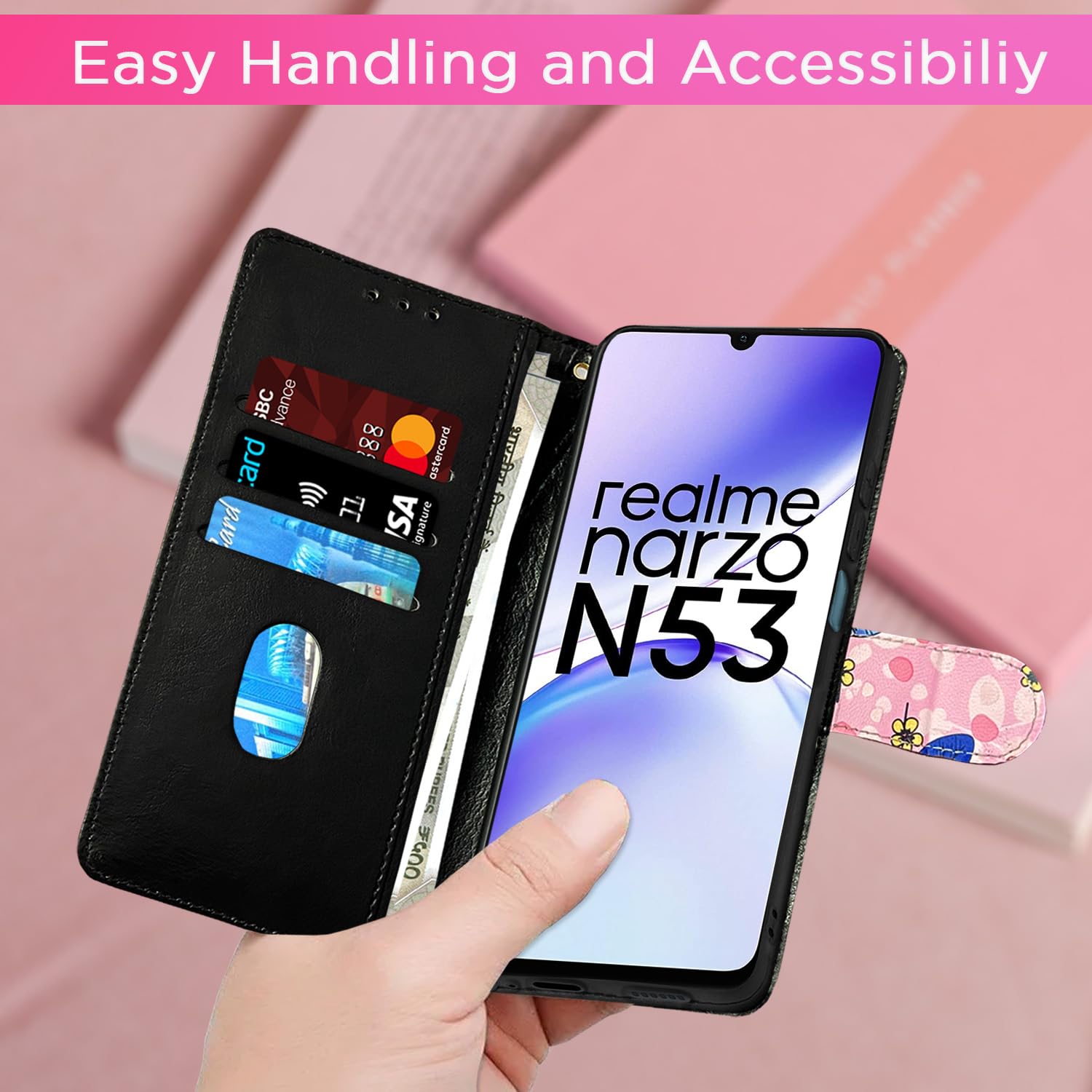 Pikkme pink flower wallet flip cover for Realme Narzo N53 – photo 7