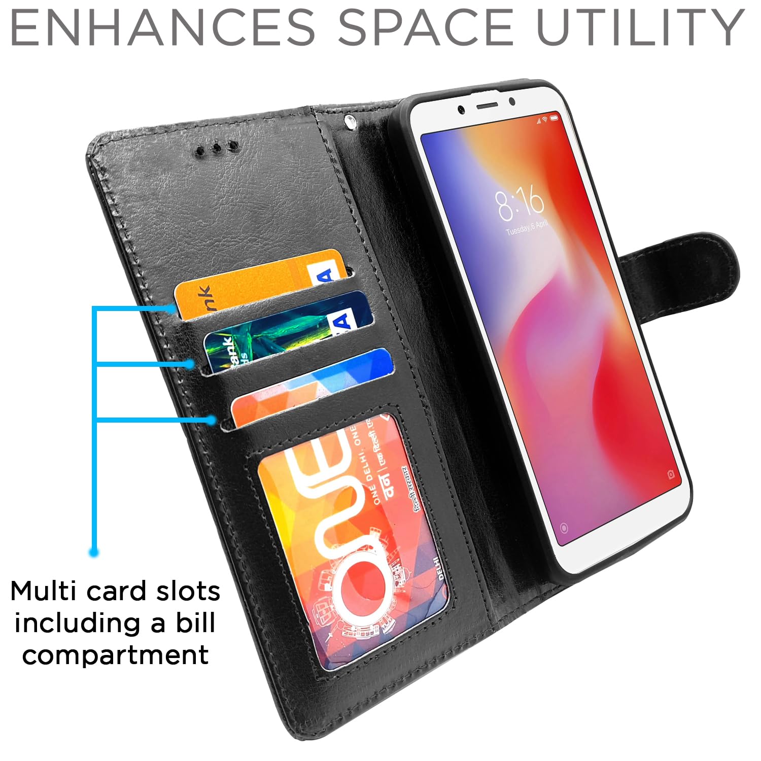 Black Wallet wallet flip cover for Redmi 6 – Pikkme – photo 5
