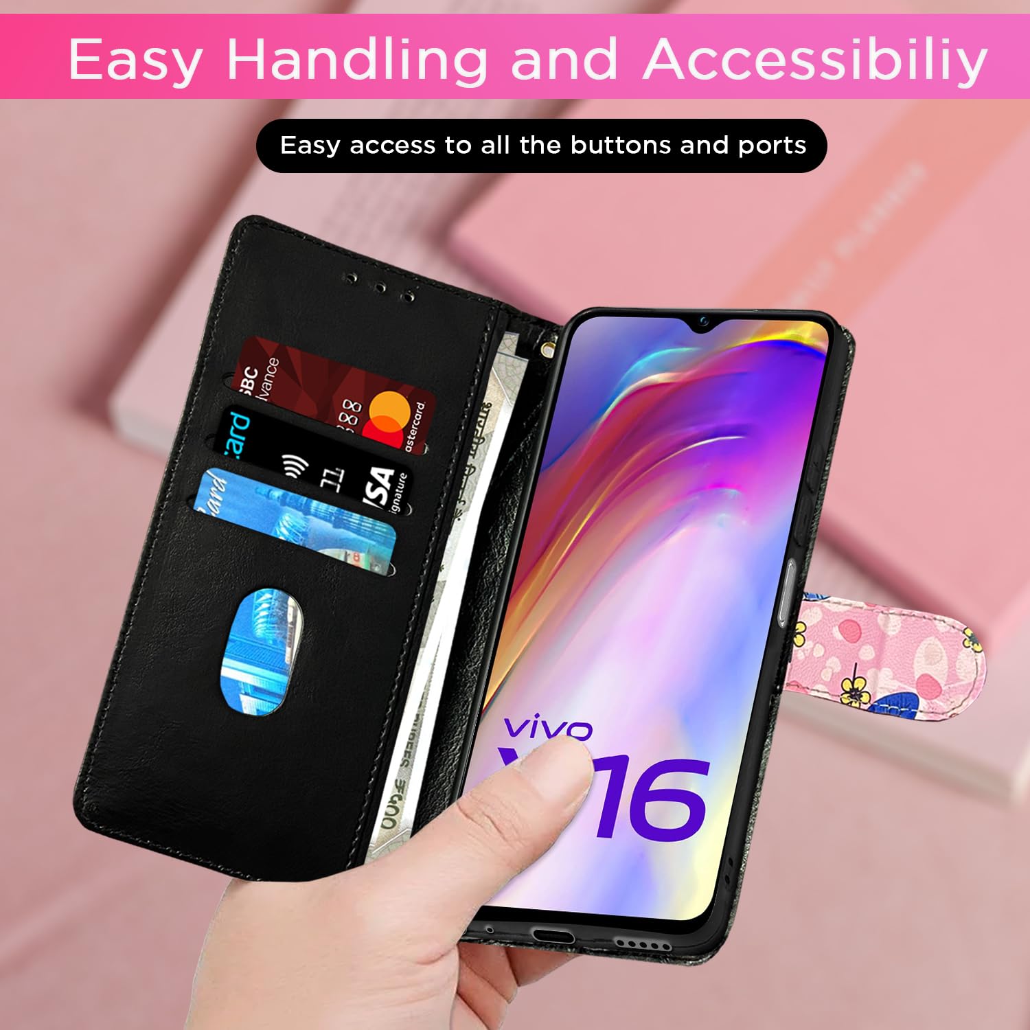 Pink flower Wallet flip case for Vivo Y16 – Pikkme – photo 4