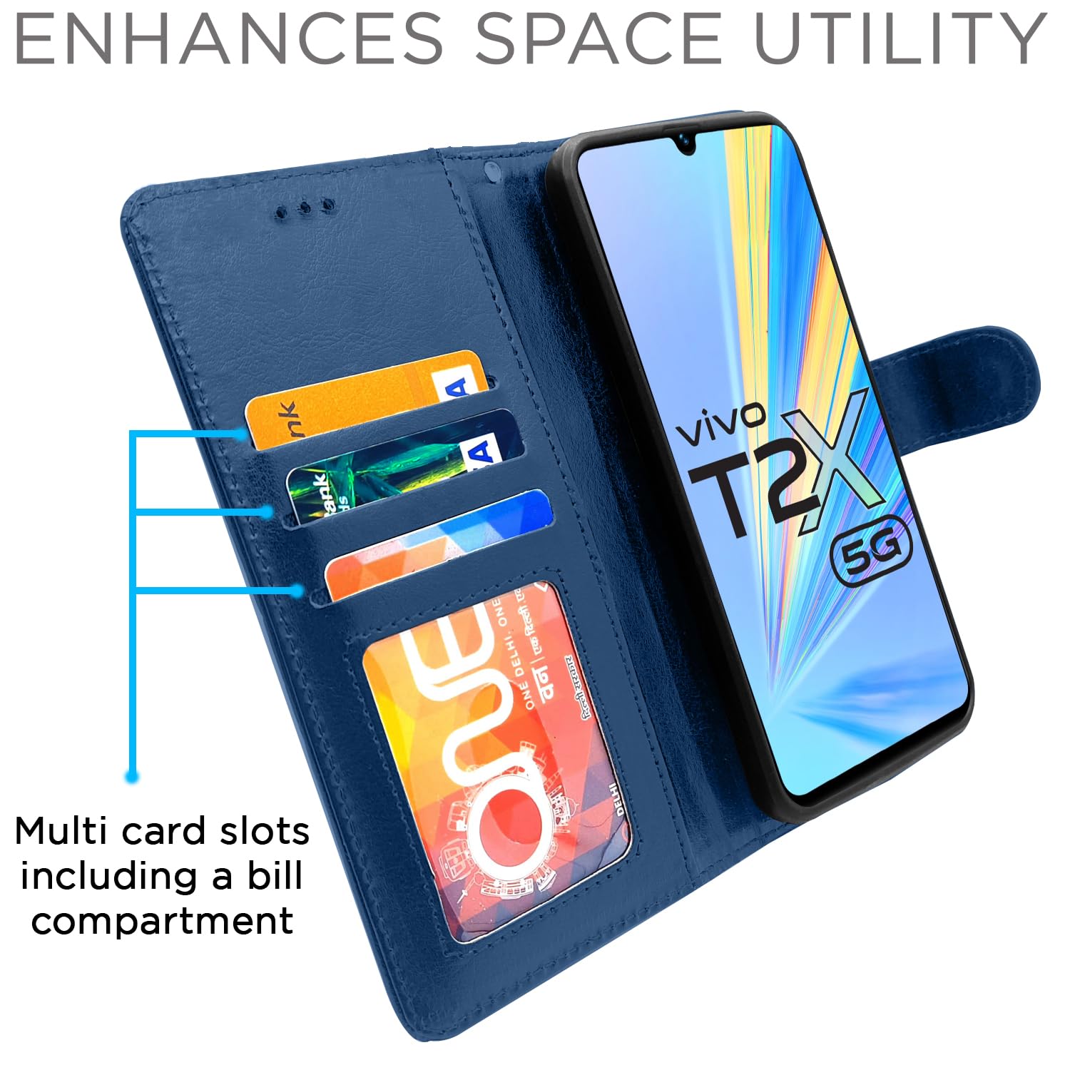 Vivo T2X/Y16/Y56 5G wallet flip cover in blue by Pikkme – photo 4