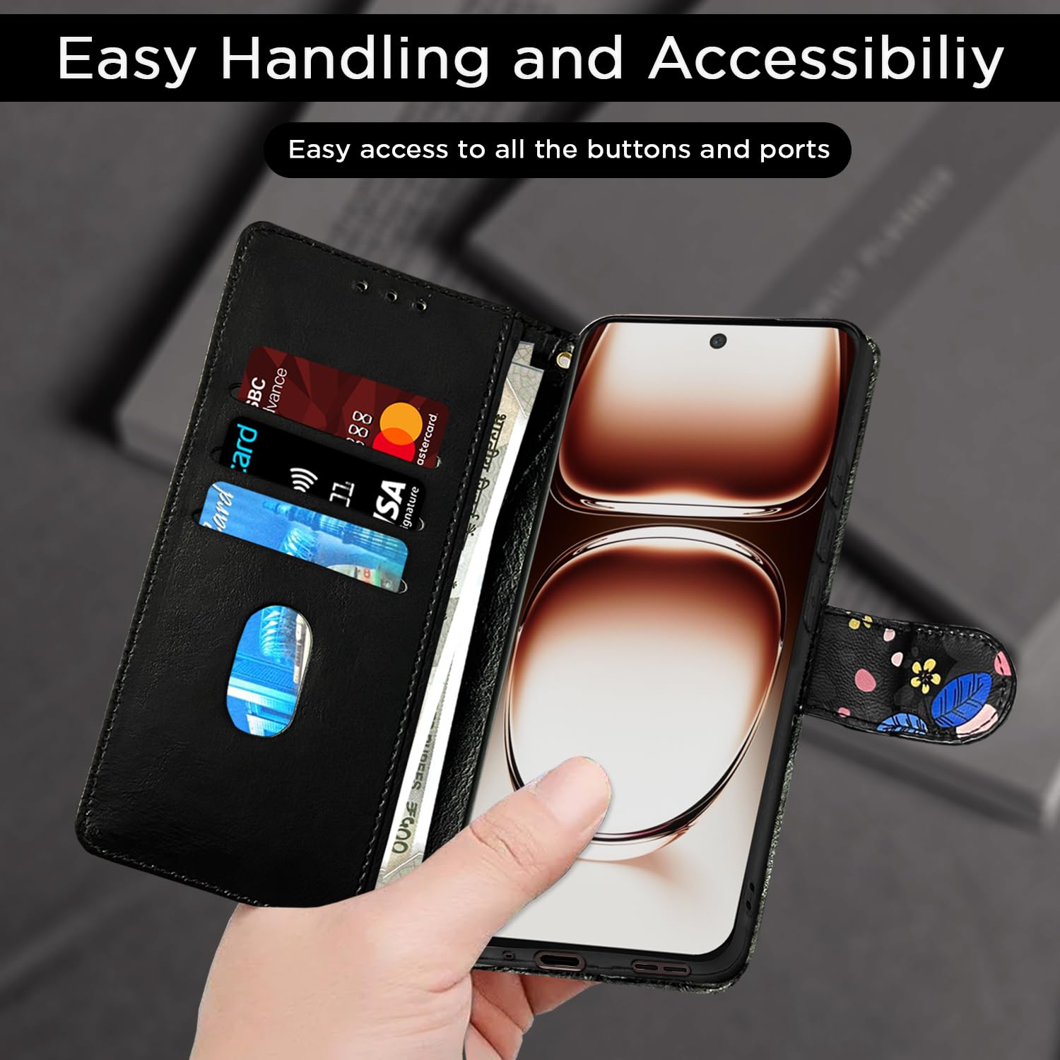 Pikkme Oppo Reno 12 Pro 5G black flower wallet flip cover – photo 7