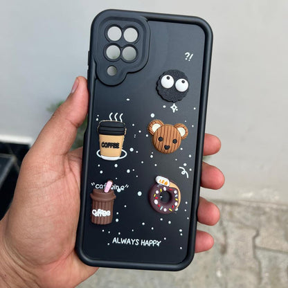 Pikkme Samsung Galaxy M12 / F12 / A12 Cute Fun Cartoon 3D Bear Coffee Back Cover (Black)