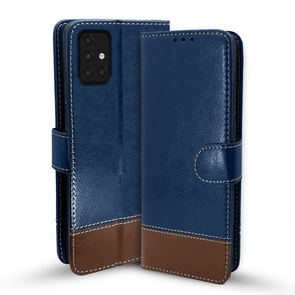 Pikkme Samsung Galaxy A71 Contrast Premium Leather Magnetic Flip Cover  (Blue & Brown)