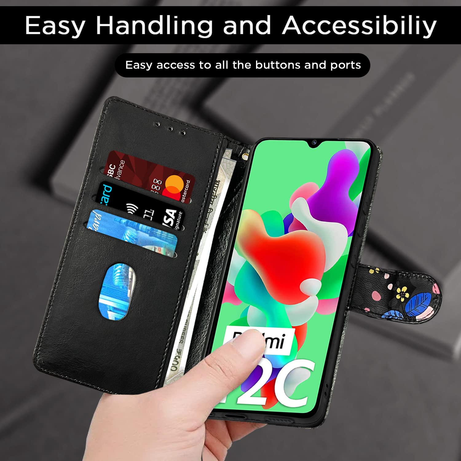 Pikkme black flower Wallet flip case for Redmi 12C/Poco C55 – photo 5
