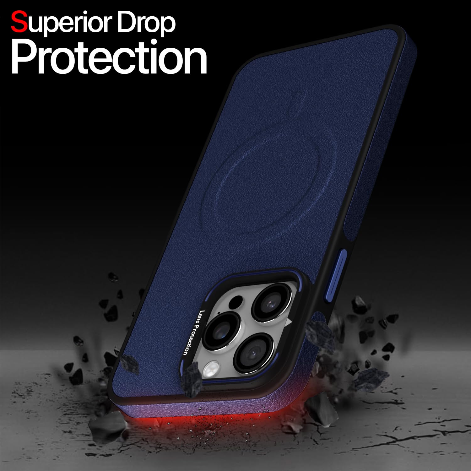 Pikkme iPhone 14 Pro Pu Leather with Metal Frame Lens Protection Bumper Case (Blue)