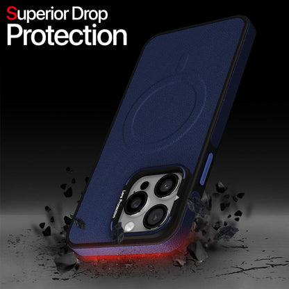 Pikkme iPhone 14 Pro Pu Leather with Metal Frame Lens Protection Bumper Case (Blue)