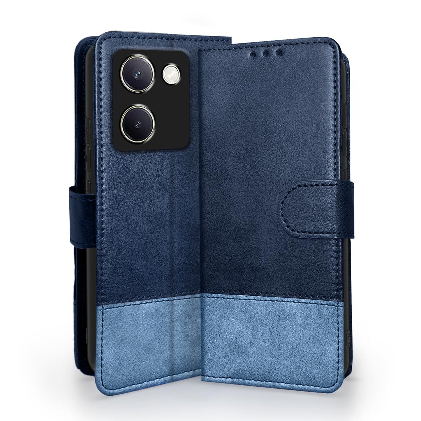 Pikkme Vivo Y200 Pro 5G Flip Case Contrast Leather Finish (Navy Blue)