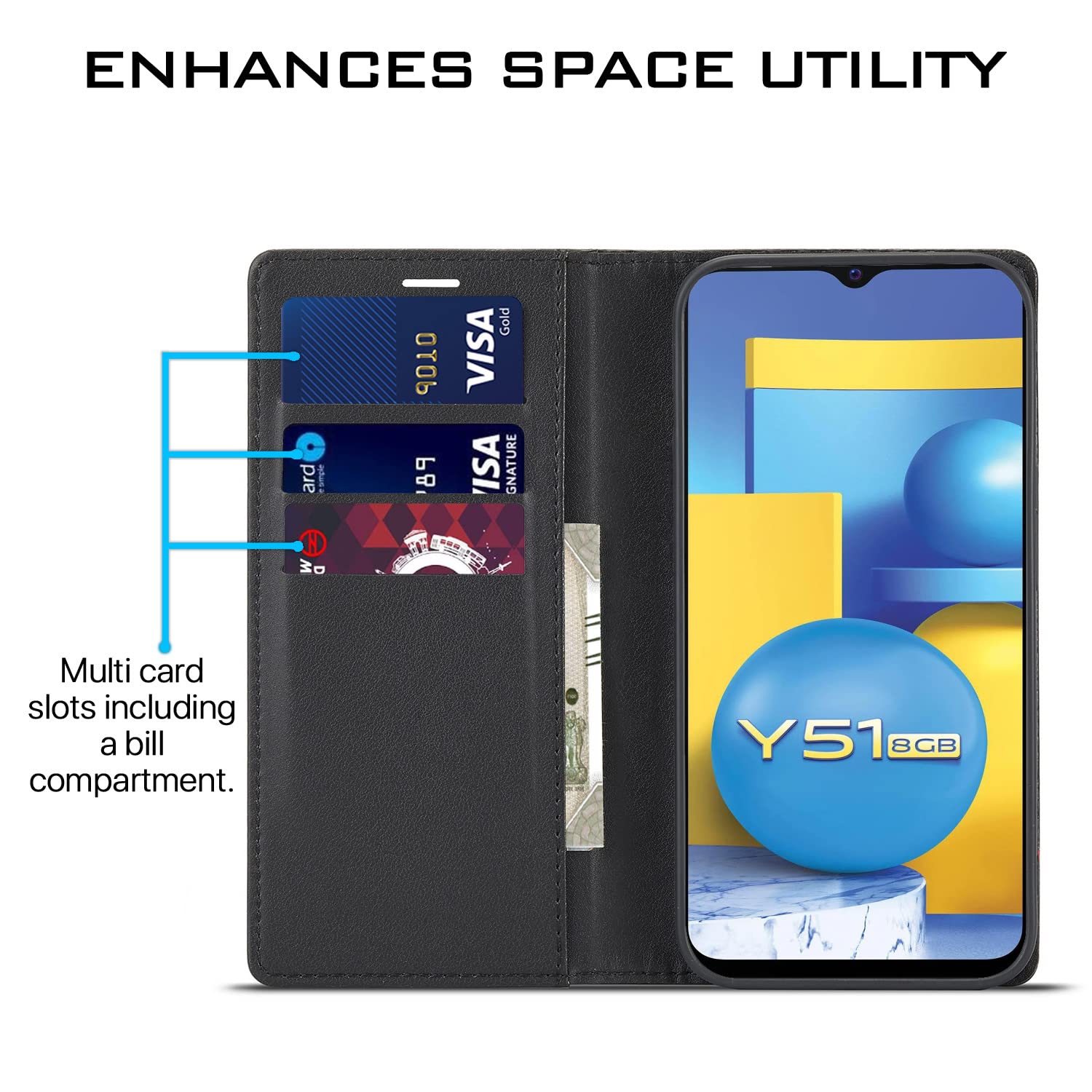 Vivo Y51 Wallet wallet flip cover in black by Pikkme – photo 3