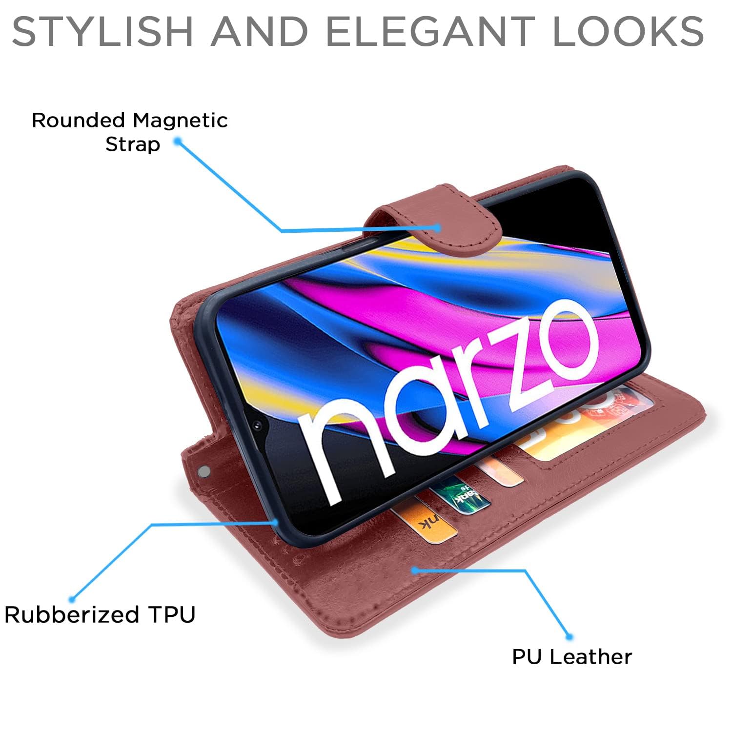 Realme Narzo 50A Prime flip cover in brown by Pikkme – photo 5