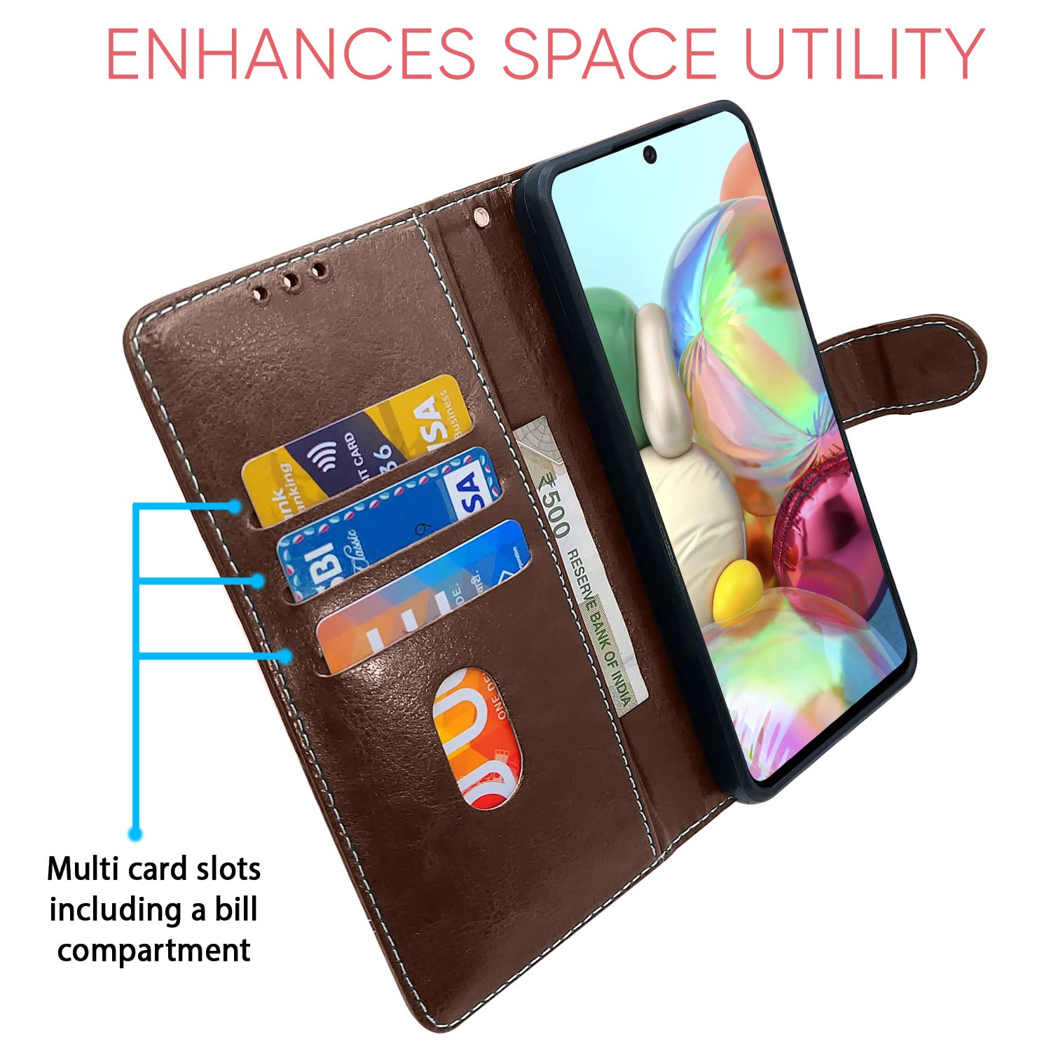 Pikkme Samsung Galaxy A71 Contrast Premium Leather Magnetic Flip Cover (Brown & Coffee)