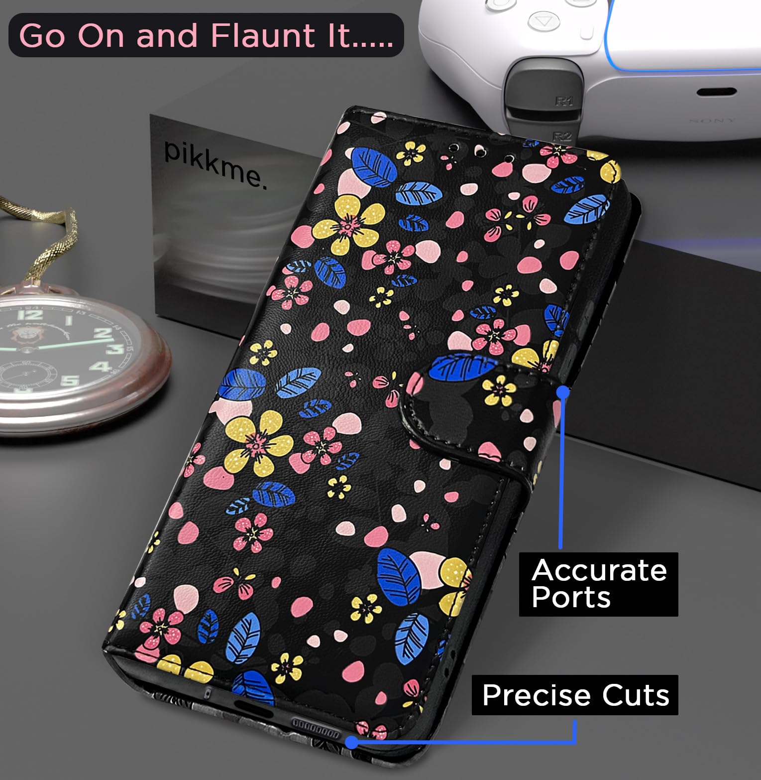 Pikkme black flower Wallet mobile flip cover for iQOO 12 5G – photo 7