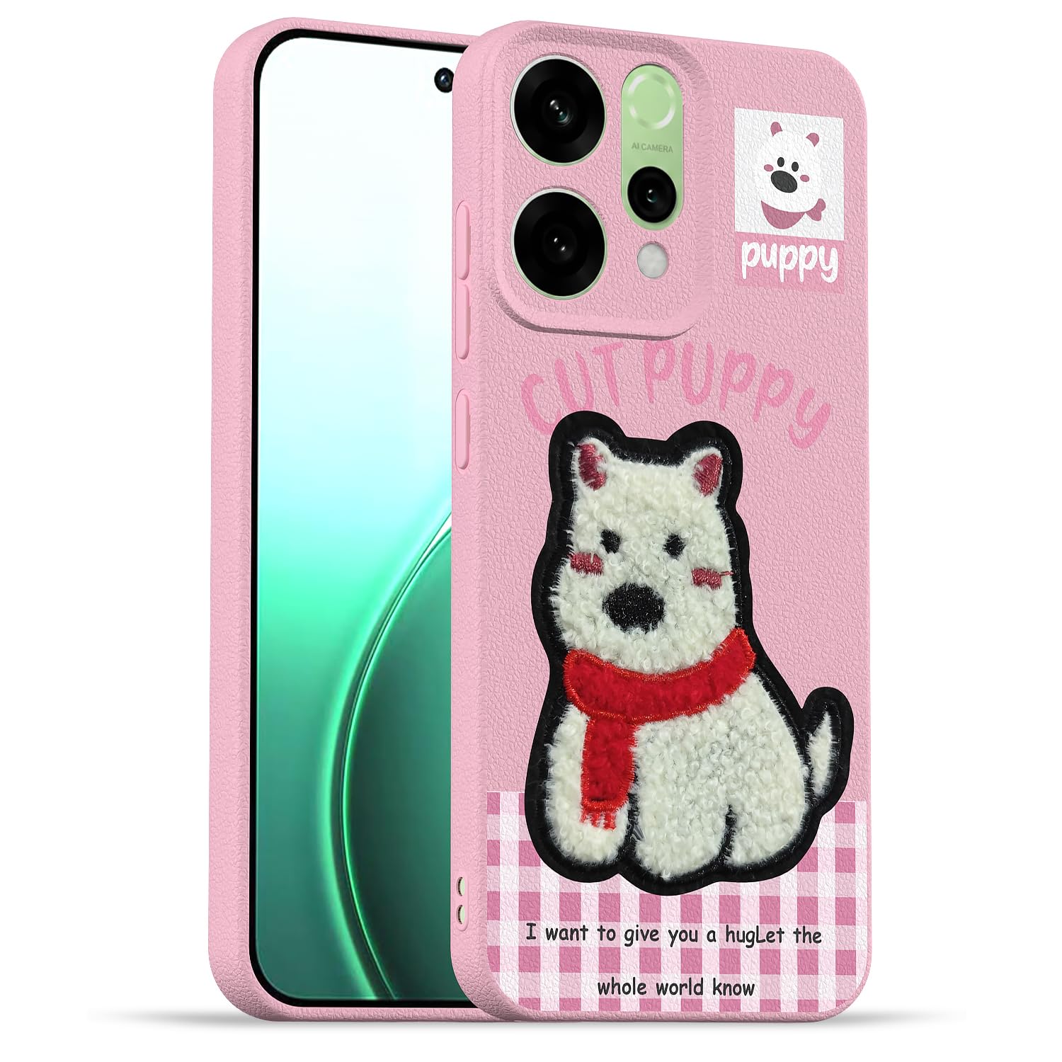 Oppo Reno 14 5G Plush Patch mobile back cover in pink by Pikkme