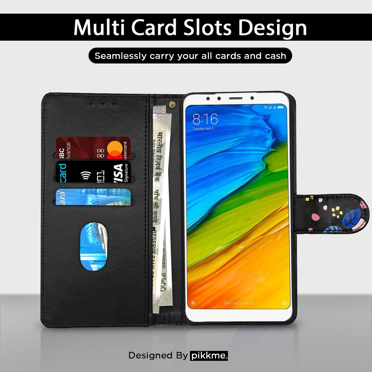 Pikkme black flower Wallet flip cover for Redmi Note 5 – photo 3