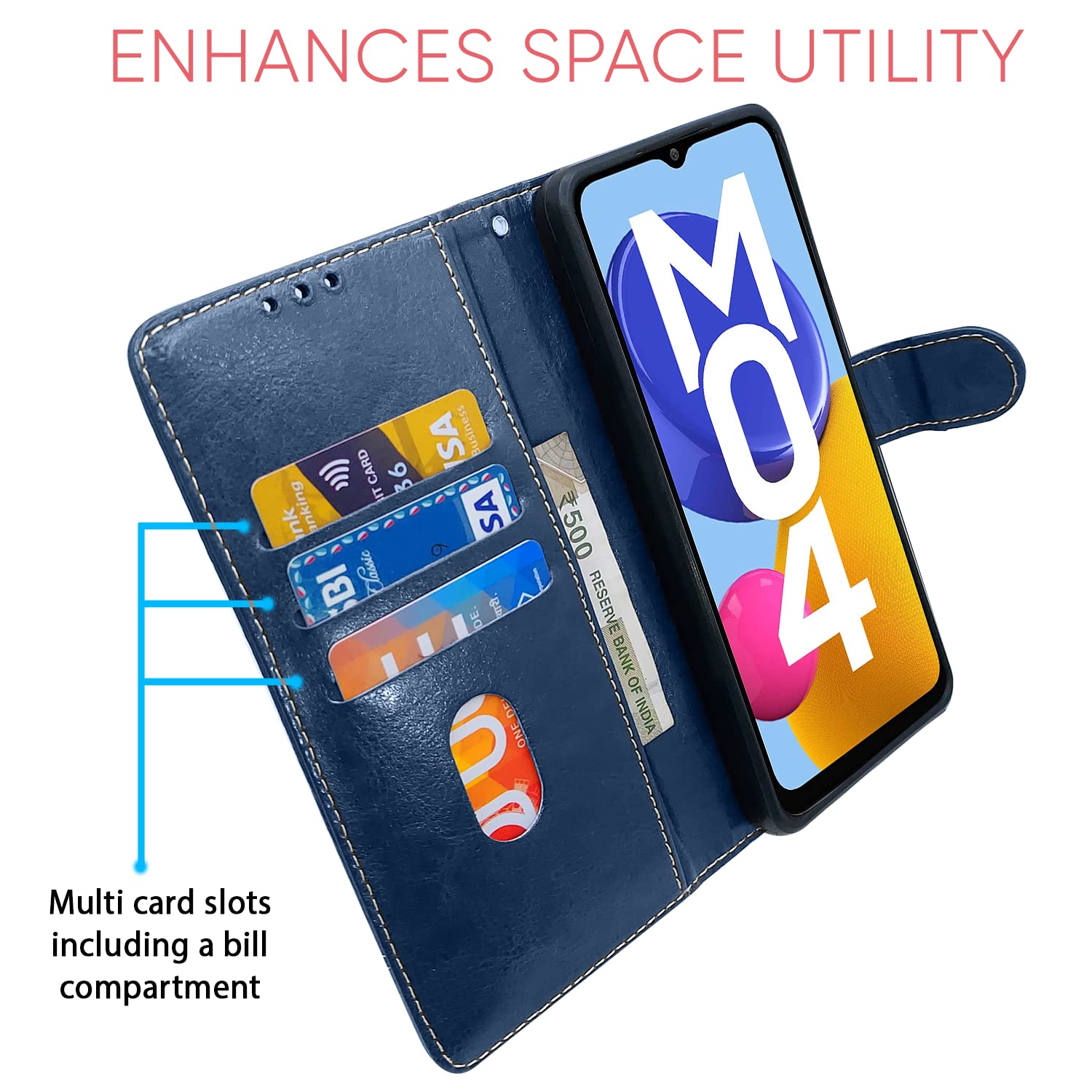 Blue & brown Magnetic wallet flip cover for Samsung M04/F04/A04e – Pikkme – photo 3