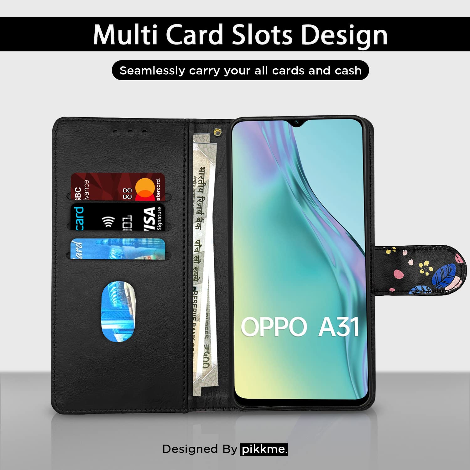 Oppo A31 wallet flip cover in black flower by Pikkme – photo 2