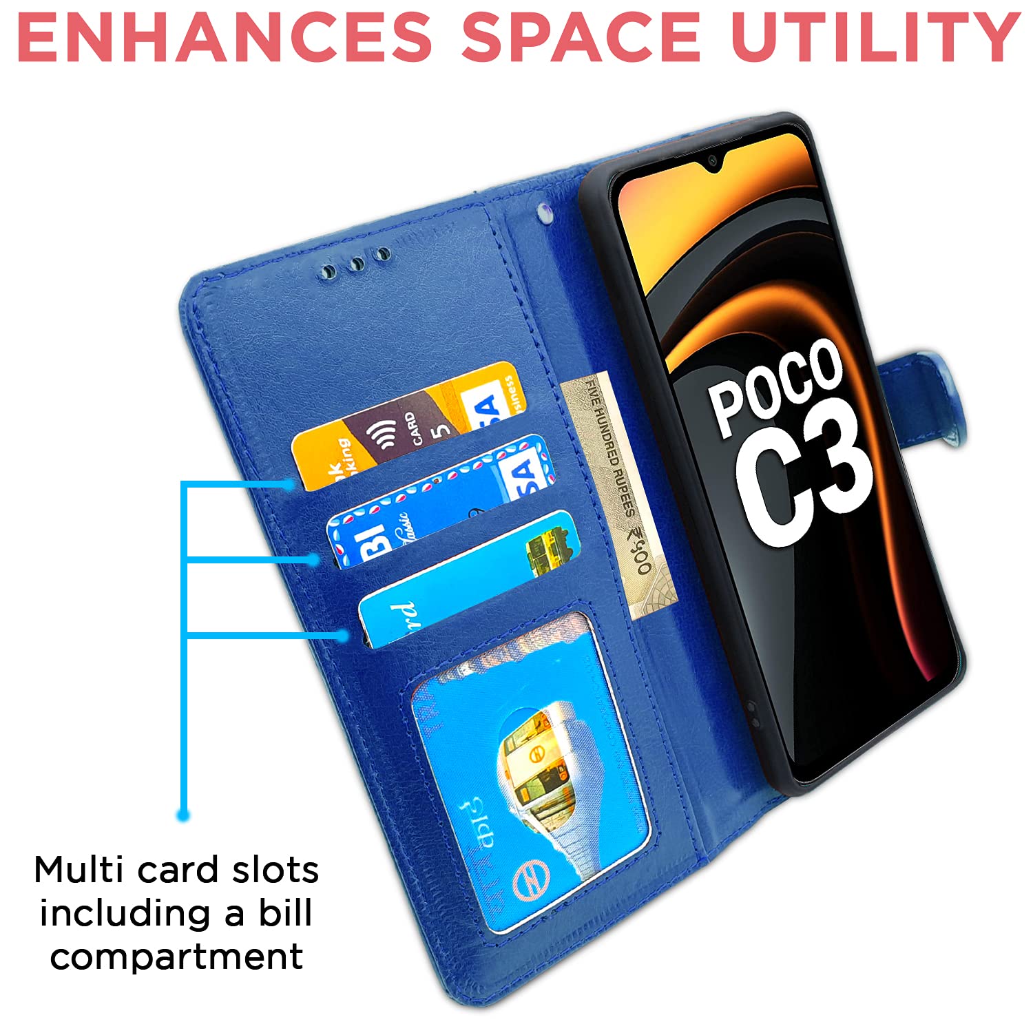 Pikkme Poco C3 Vintage Flip Cover (Blue)