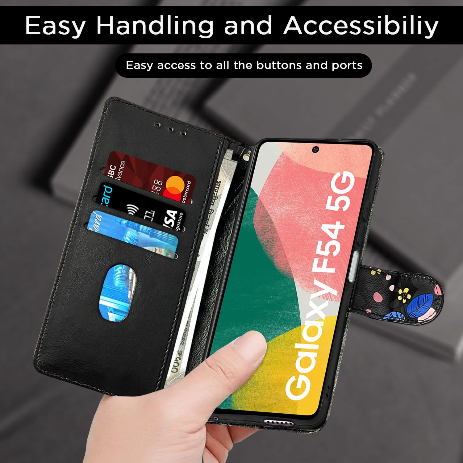 Black flower wallet flip cover for Samsung F54 5G – Pikkme – photo 7