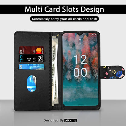 Pikkme Nokia C12/C12 Pro Wallet black flower wallet flip cover – photo 3