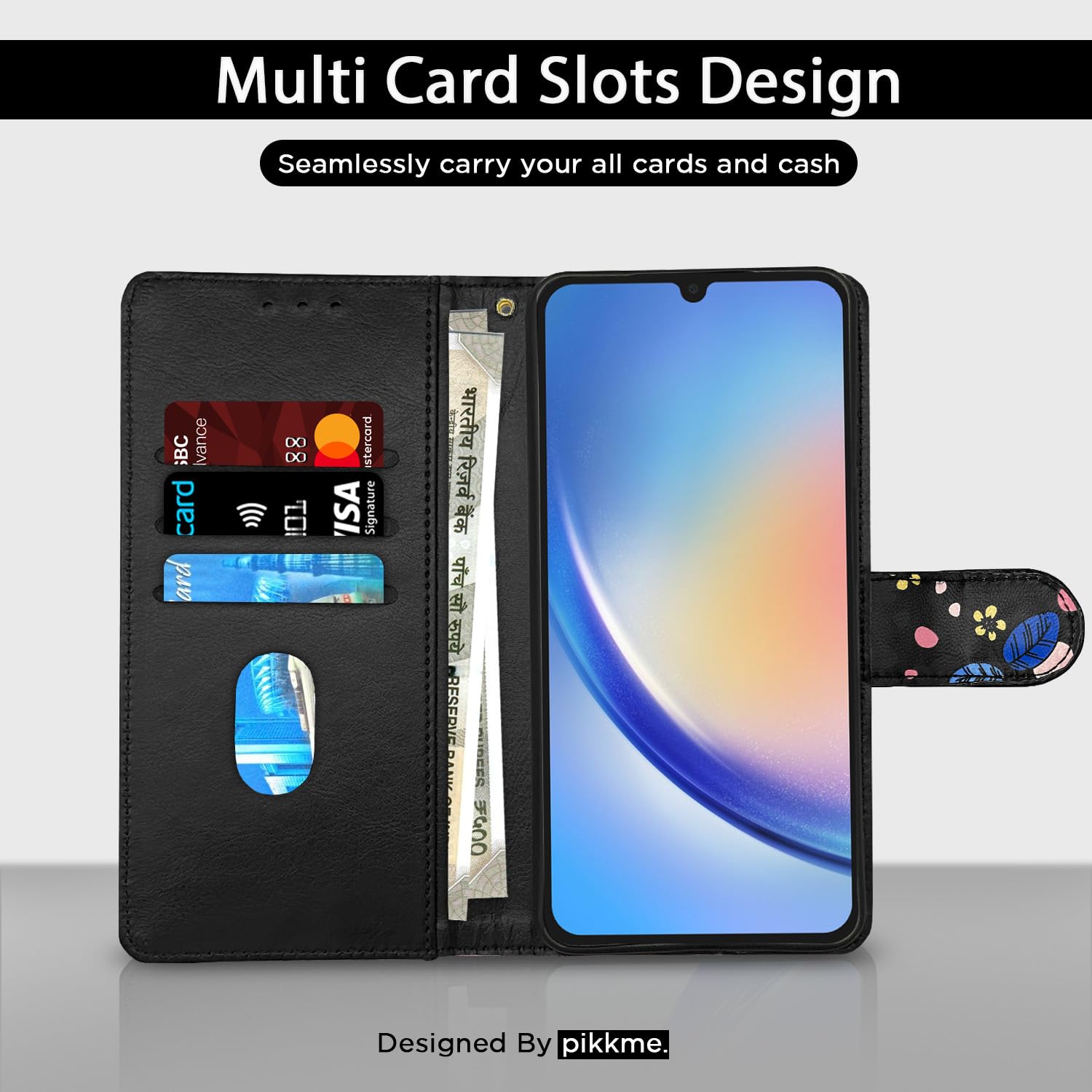 Black flower Wallet flip case for Samsung A05s – Pikkme – photo 3