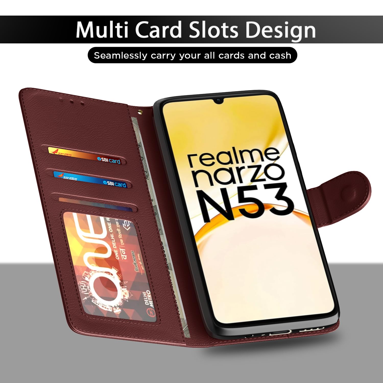 Brown Wallet wallet flip cover for Realme Narzo N53 – Pikkme – photo 5