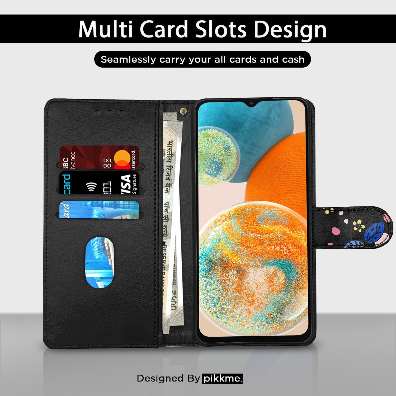 Pikkme Samsung A23/A23 5G black flower wallet flip cover – photo 2
