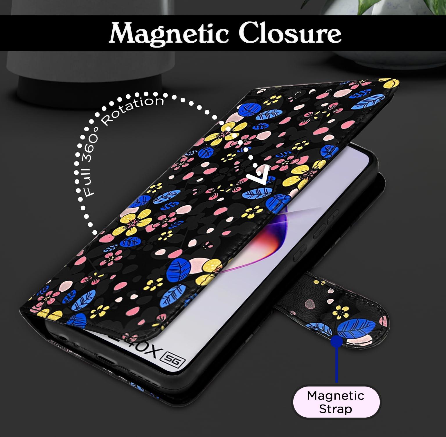 Black flower wallet flip cover for Infinix Note 40X 5G – Pikkme – photo 6