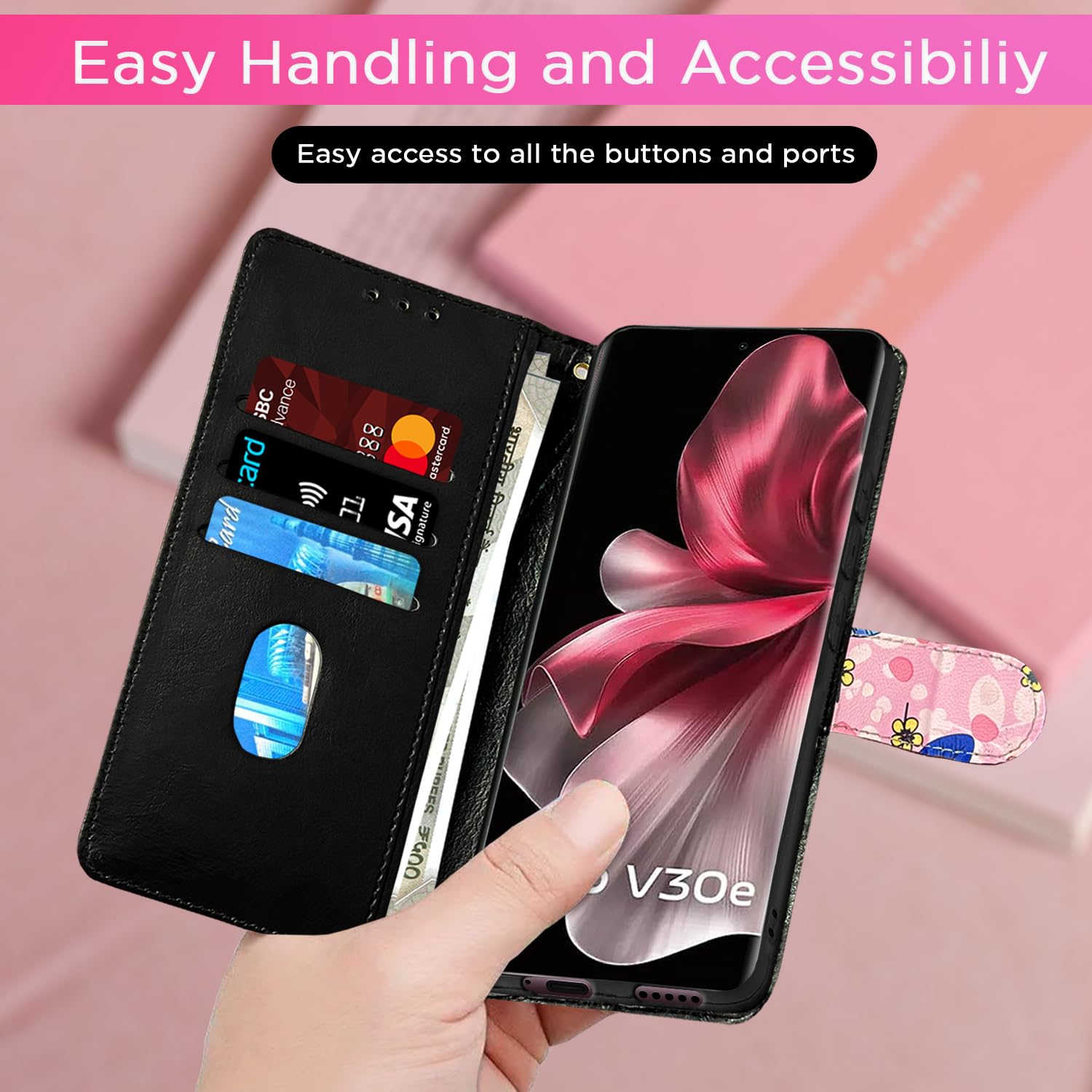 Pink flower Wallet flip case for Vivo V30e 5G – Pikkme – photo 7