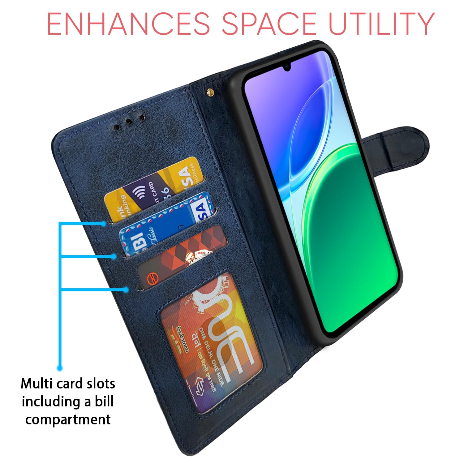 Redmi A7 wallet flip cover in navy & light blue by Pikkme – photo 5