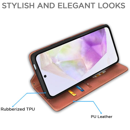 Pikkme Samsung Galaxy A56 5G Premium Leather Magnetic Flip Cover (Brown)