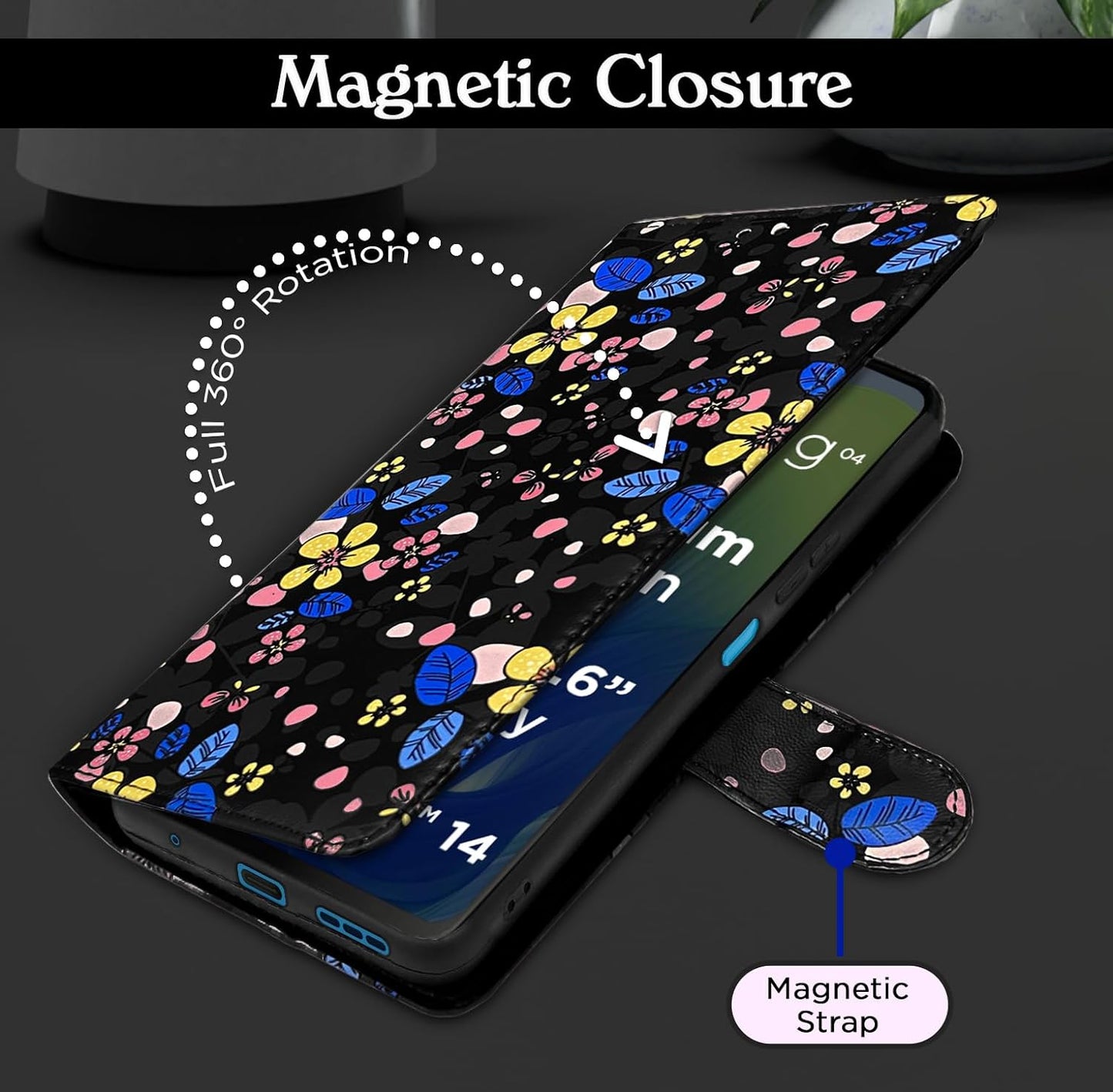 Pikkme Moto G04 Flower Flip Cover (Black)