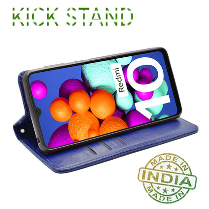 Pikkme Redmi 10 / Redmi 10 Power Premium Leather Magnetic Flip Cover (Blue)