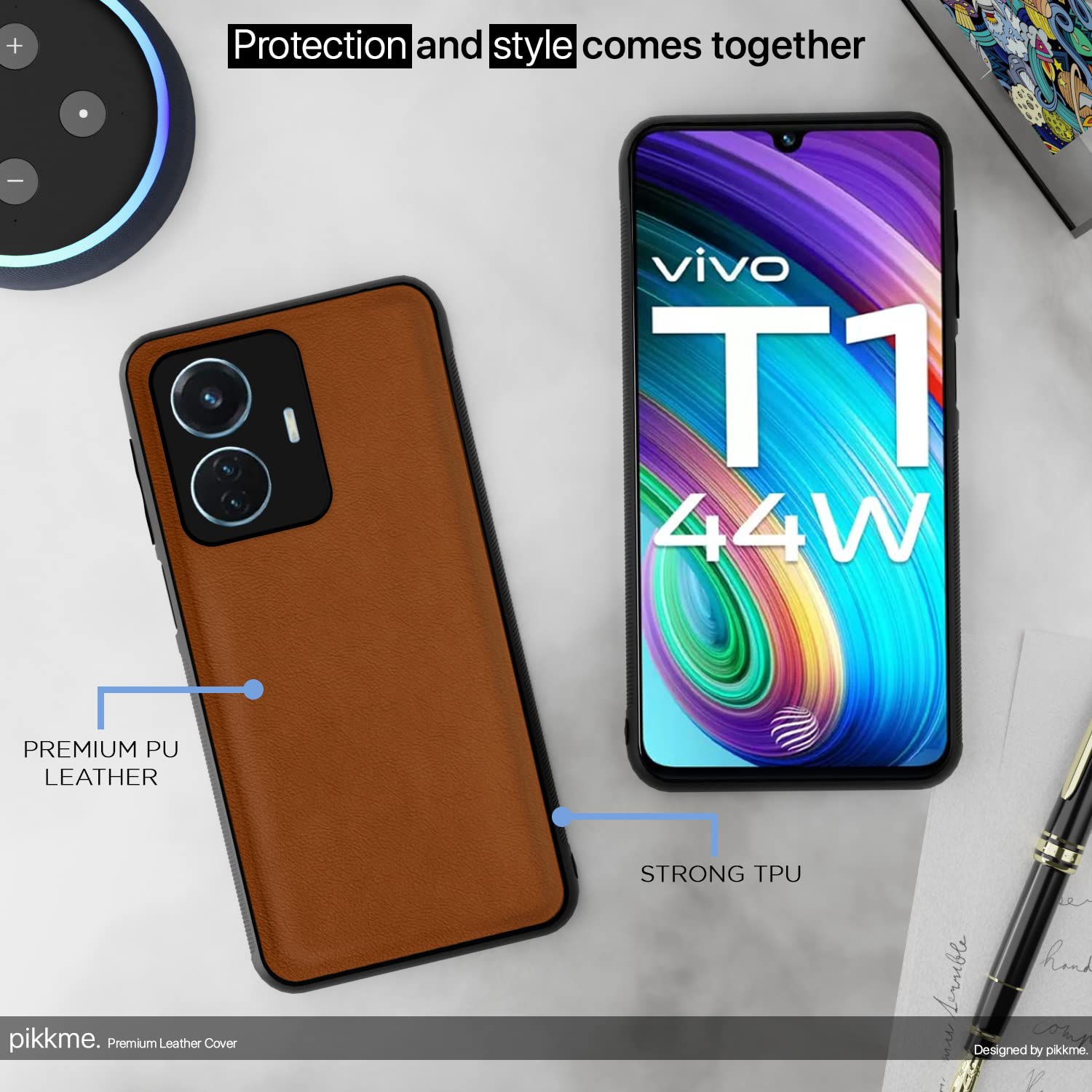 Vivo T1 44W/iQOO Z6 44W Leather mobile back cover in camel by Pikkme – photo 5