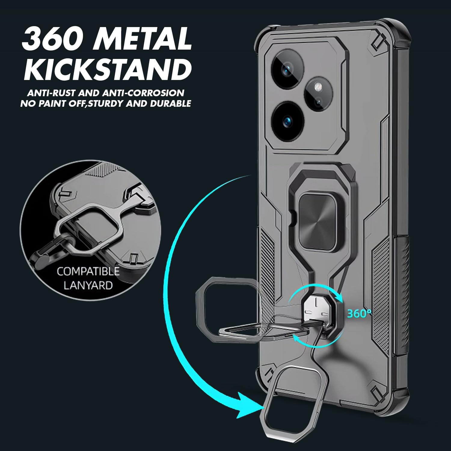 Pikkme Realme GT 7 5G / GT 7T 5G D15 Tough Armor Kisckstand Back Cover (Black)