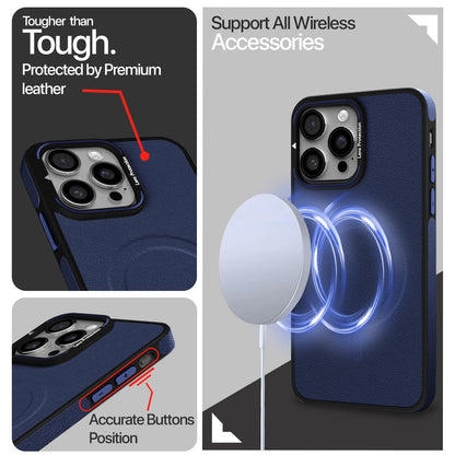 Pikkme iPhone 14 Pro Pu Leather with Metal Frame Lens Protection Bumper Case (Blue)