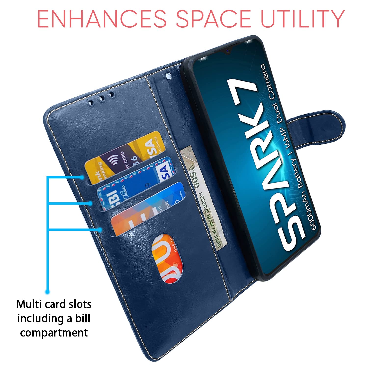 Pikkme blue & brown wallet flip cover for Tecno Spark 7/7T – photo 3