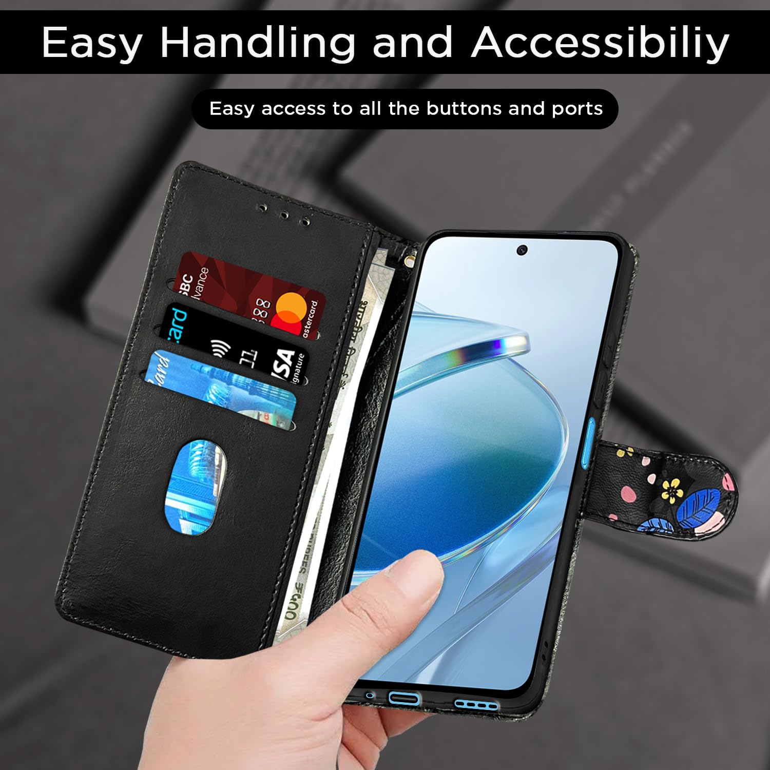 Black flower wallet flip cover for Redmi 12 4G – Pikkme – photo 4