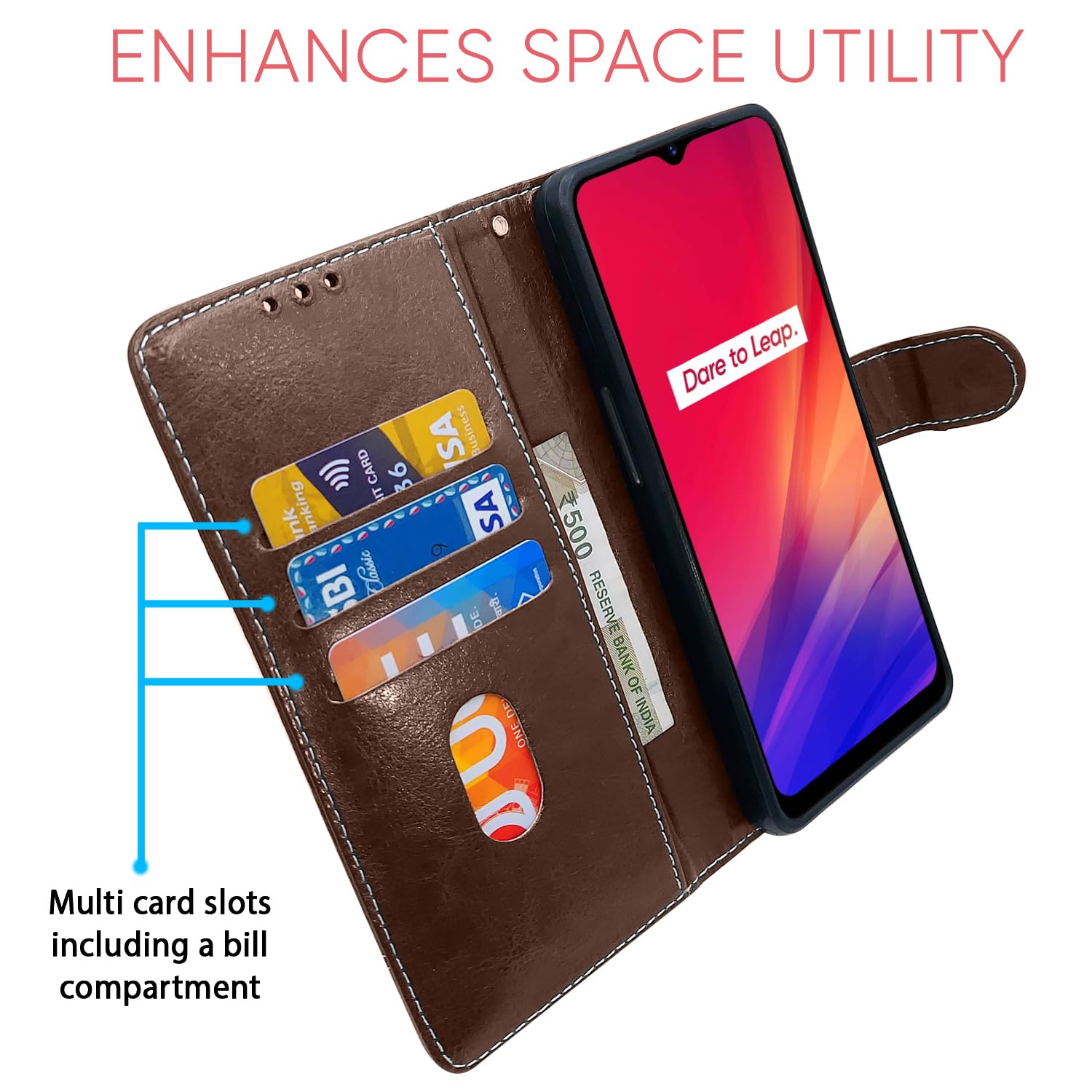 Realme C3 wallet flip cover in brown & coffee by Pikkme – photo 3