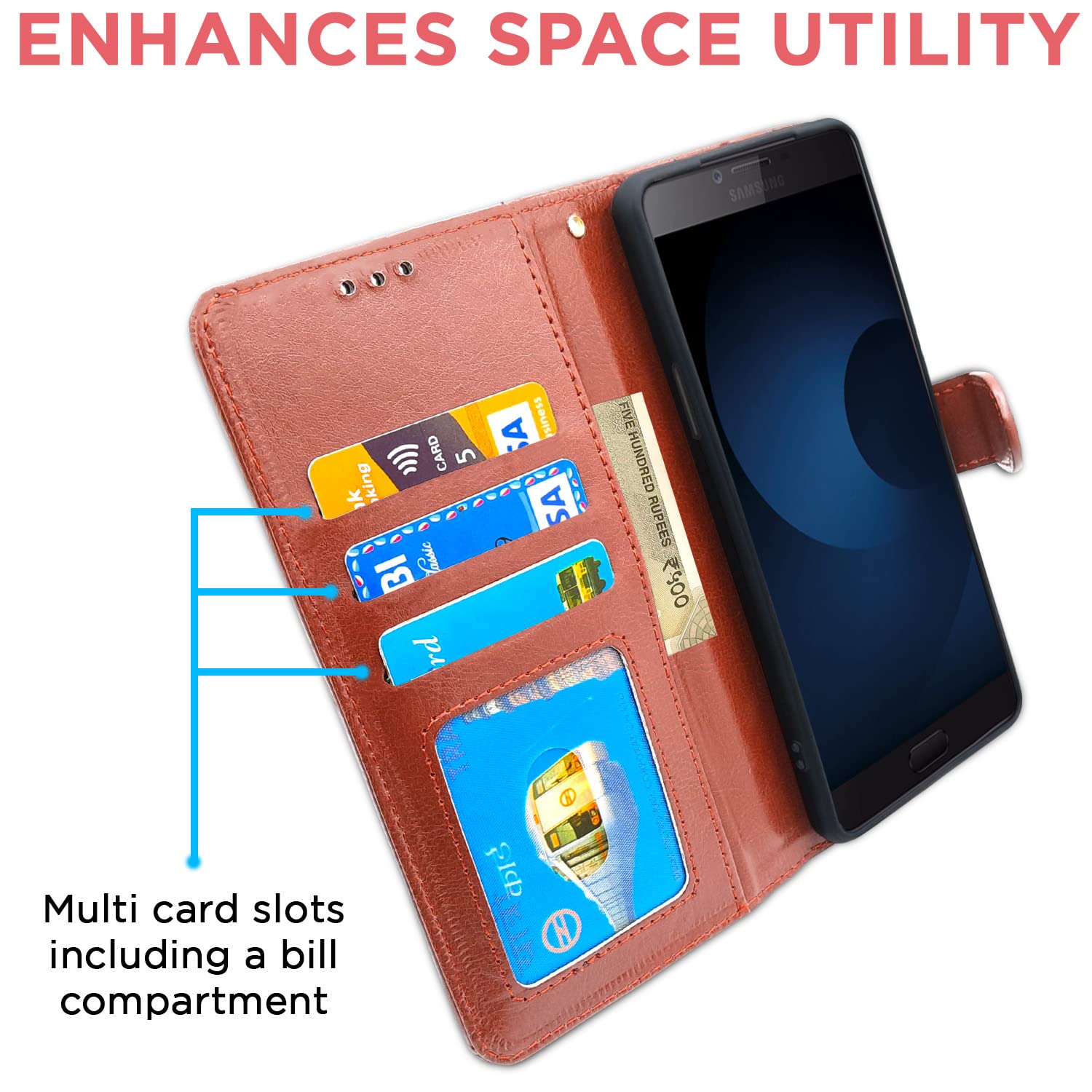 Samsung C9 Pro Wallet wallet flip cover in brown by Pikkme – photo 3