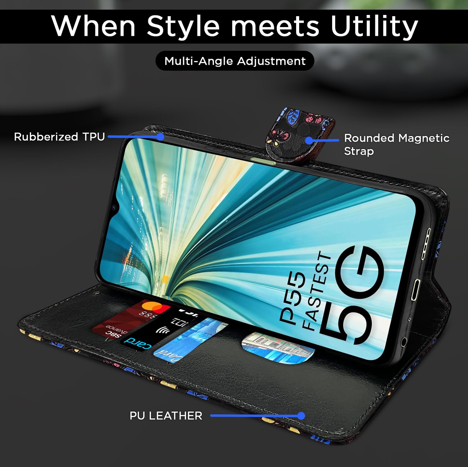 Pikkme Itel P55 5G Wallet black flower mobile flip cover – photo 5