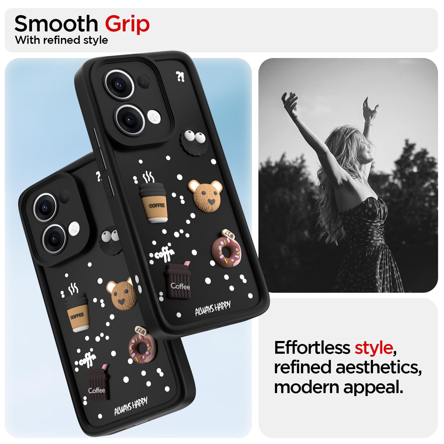 Pikkme Oppo Reno 13 5G Cute Fun Cartoon 3D Bear Coffee Back Cover (Black)