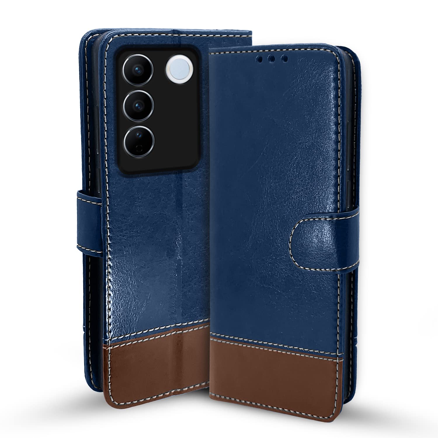 Vivo V27/V27 Pro 5G Magnetic mobile flip cover in blue & brown by Pikkme