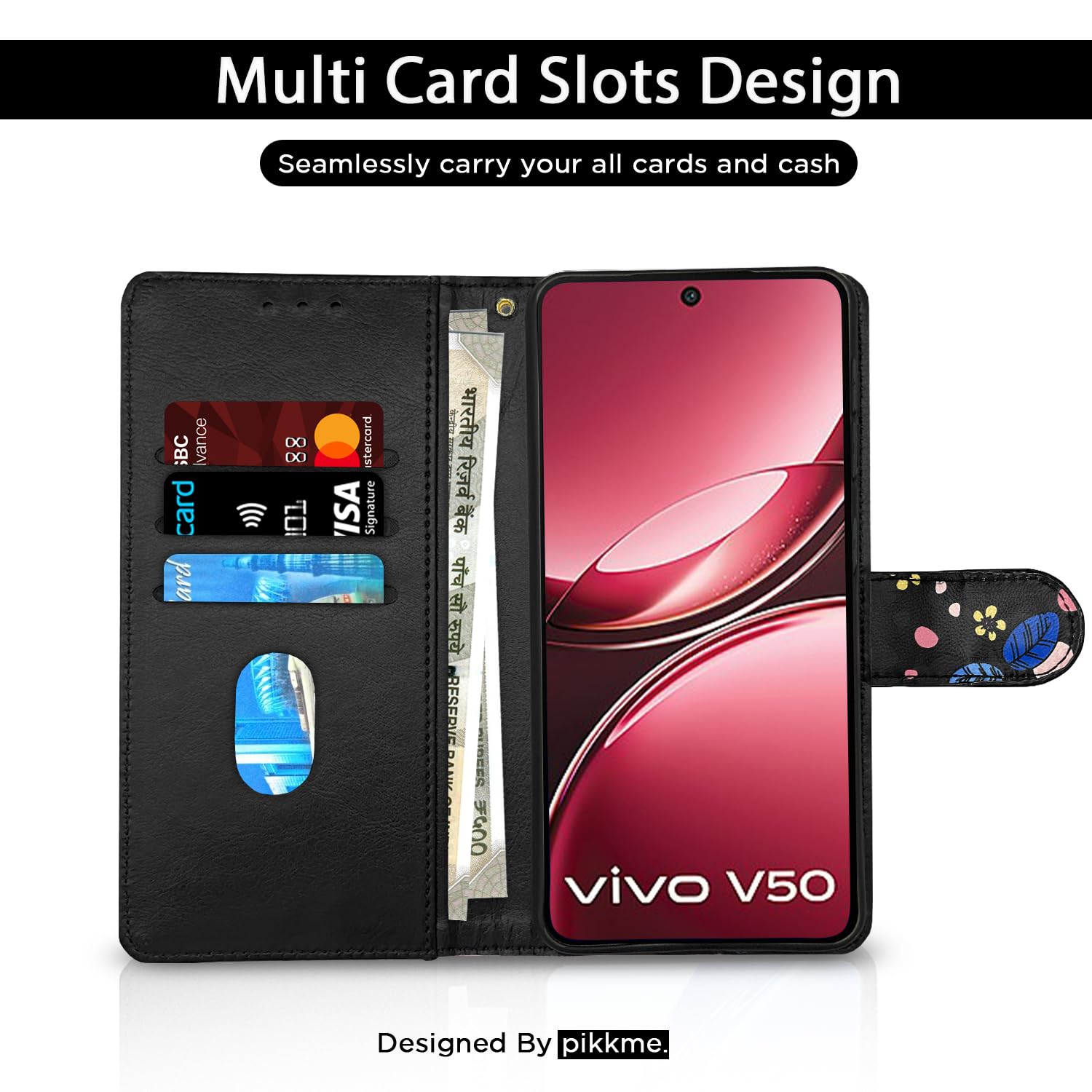 Pikkme black flower Wallet mobile flip cover for Vivo V50/V50e 5G – photo 2