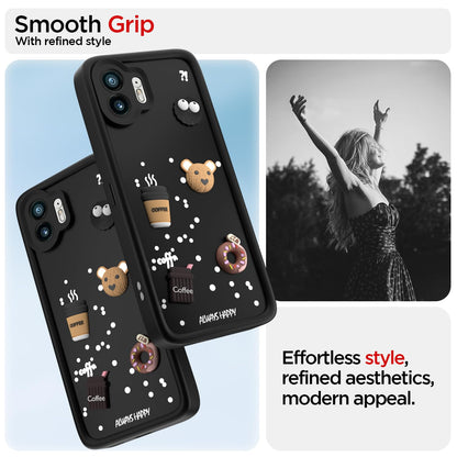 Pikkme Nothing Phone 2 Cute Fun Cartoon 3D Bear Coffee Back Cover (Black)
