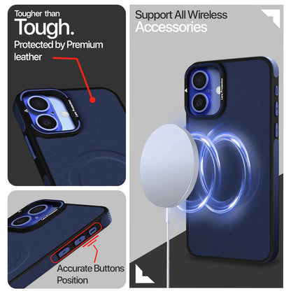Pikkme iPhone 16 Pu Leather with Metal Frame Lens Protection Bumper Case (Blue)