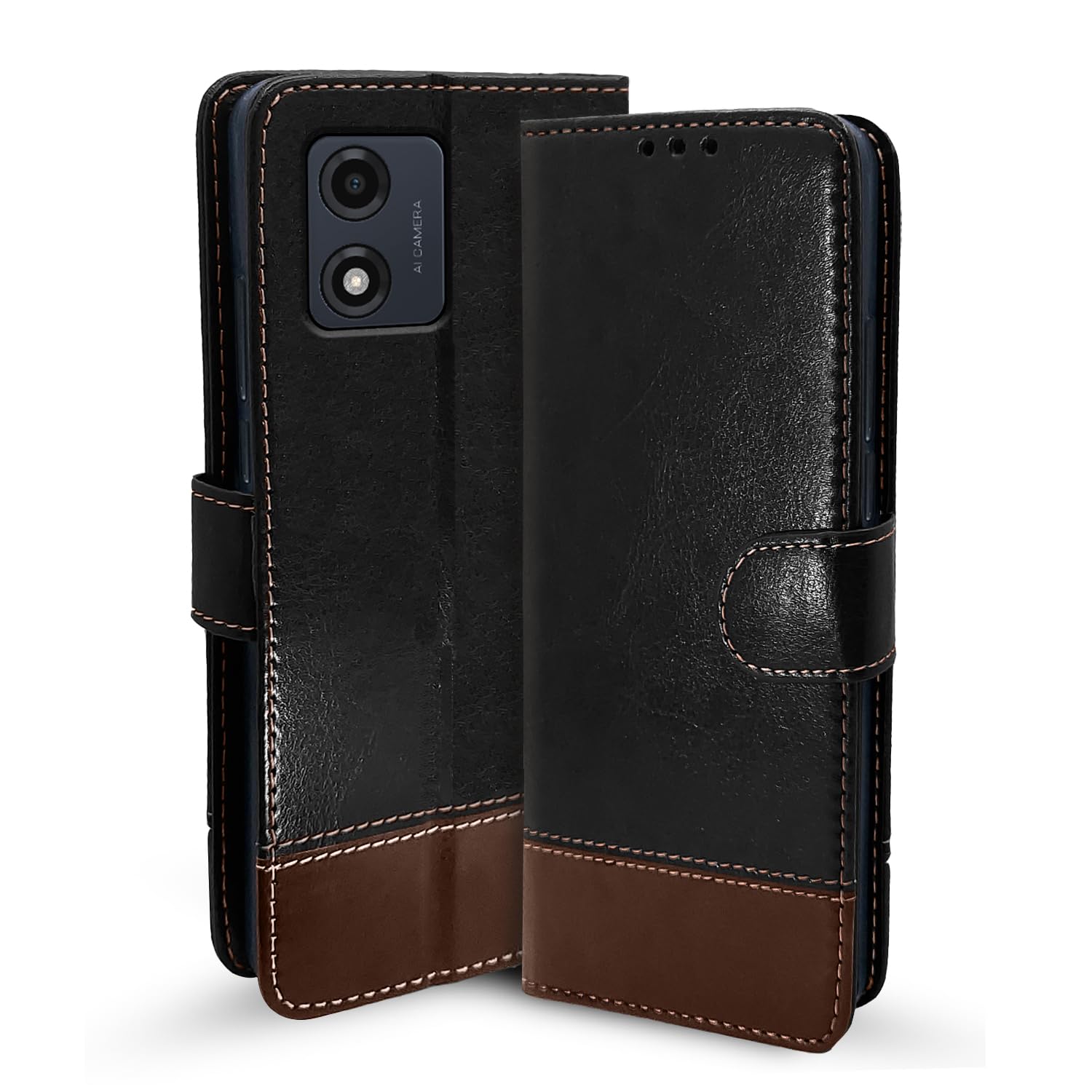 Pikkme black & brown mobile flip cover for Moto E13